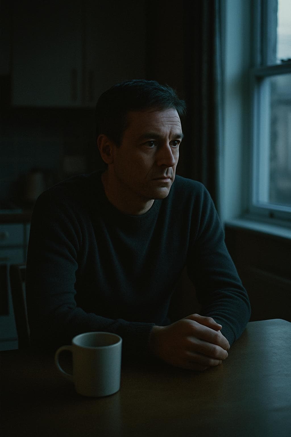 A man sitting alone at his kitchen table in the early morning