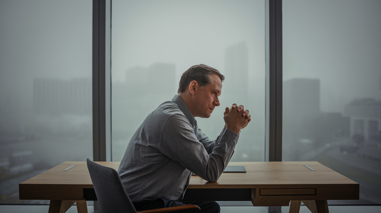 A man sitting thoughtfully by a window, looking out at the city at dawn