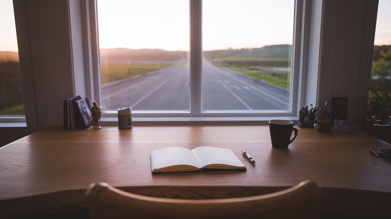A quiet desk at dawn with an open notebook and a road leading out toward the hills