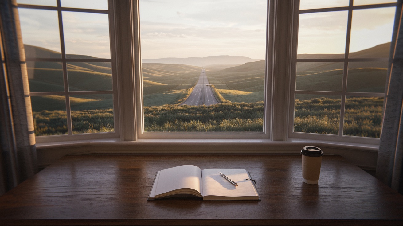 A quiet desk at dawn with an open notebook and a road leading out toward the hills