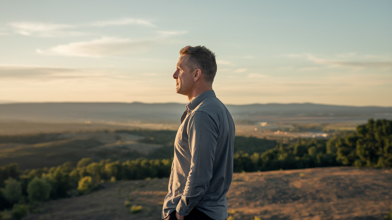 A man standing at the edge of a wide open landscape, calm and present, looking toward the horizon