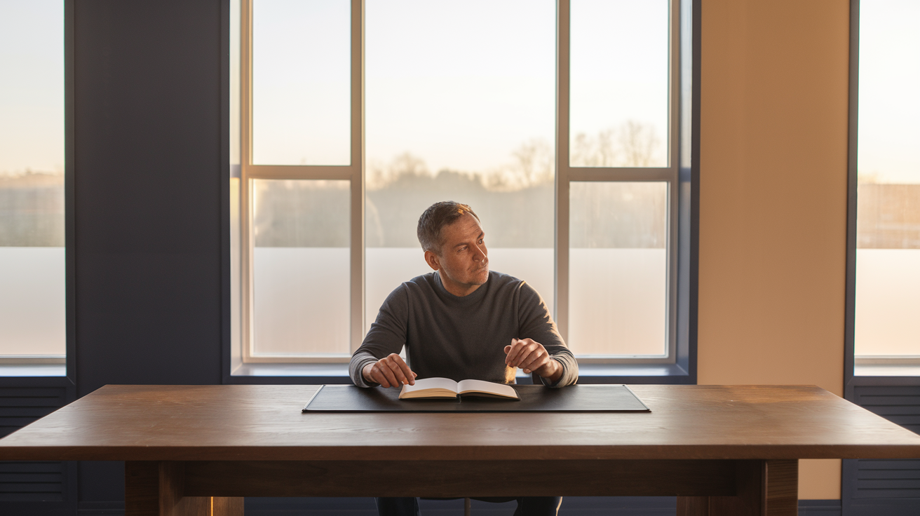 A man in his 40s sitting quietly at a desk by a window, journal open, thoughtful and grounded