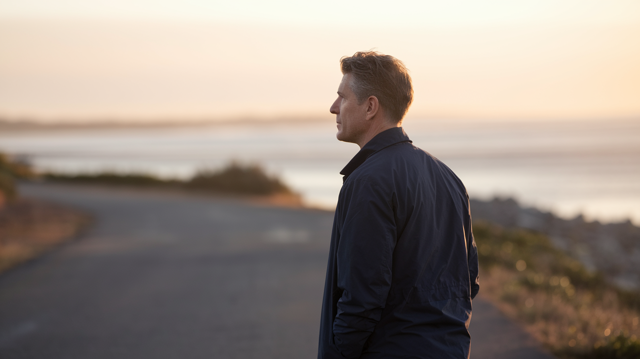 A man standing alone on a quiet path at dawn, looking ahead toward the horizon