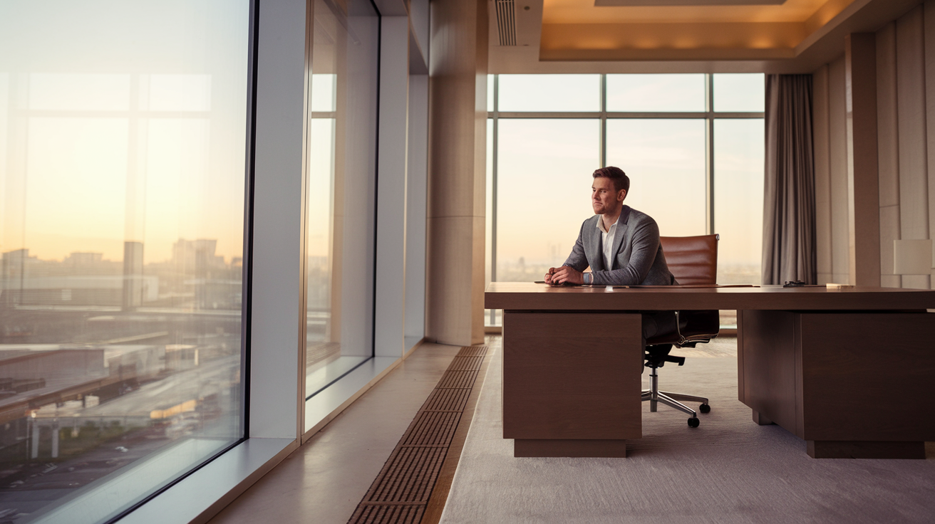A man in his 40s sitting thoughtfully at a desk by a large window, morning light, viewed from behind