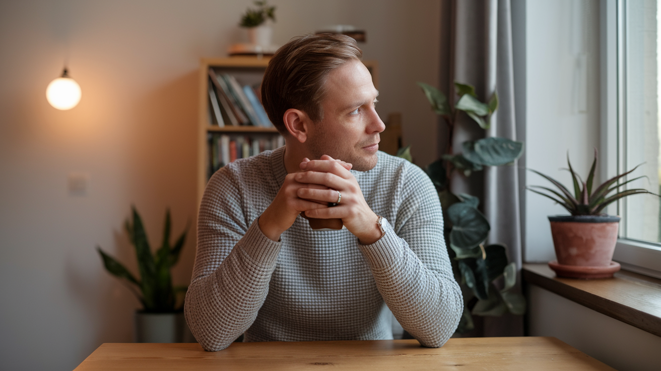 A man sitting quietly in morning light, hands around a coffee mug, looking thoughtfully out of a window.