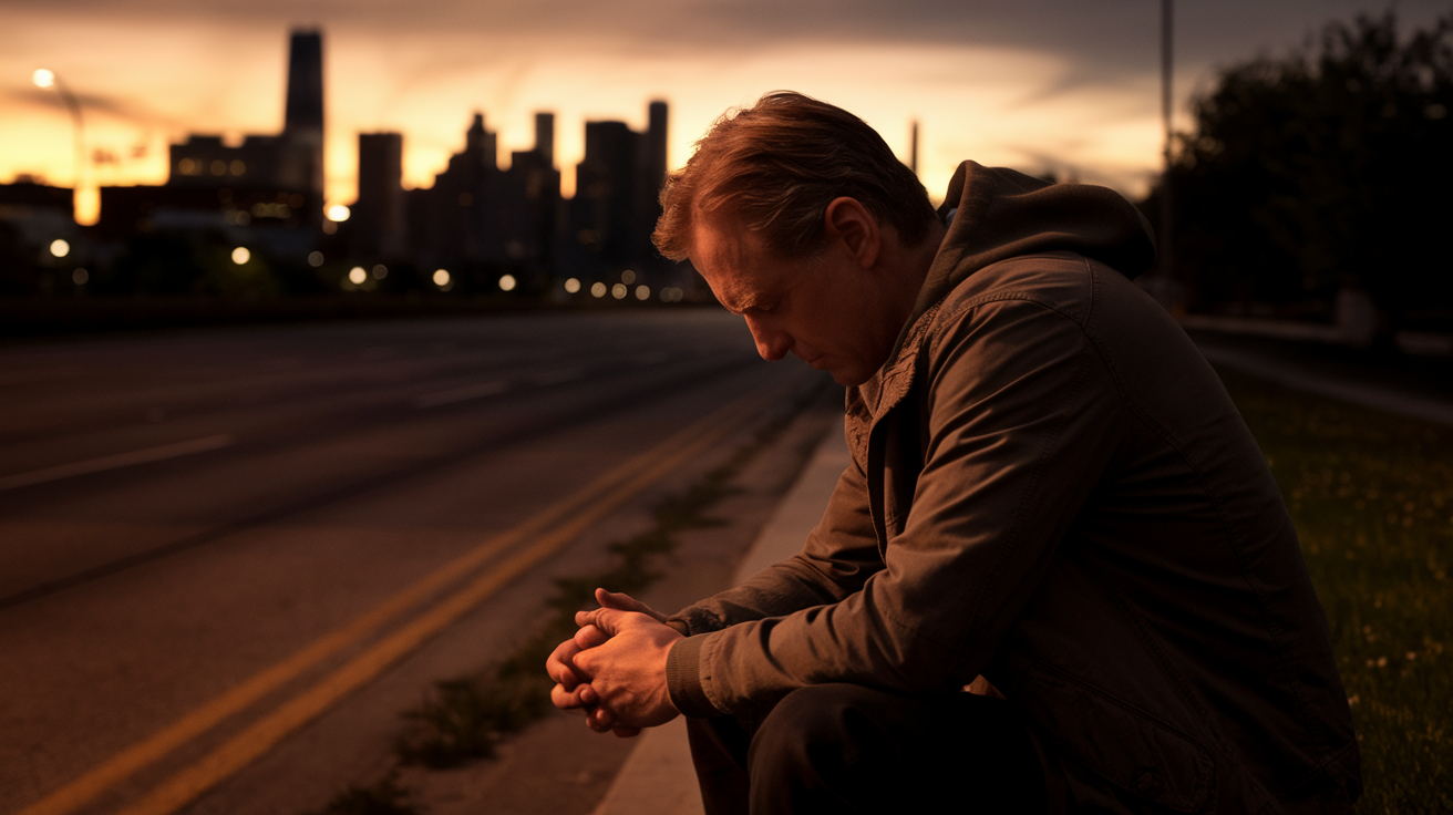 A man sitting alone at the edge of a road at dusk, head bowed, city skyline faint in the background