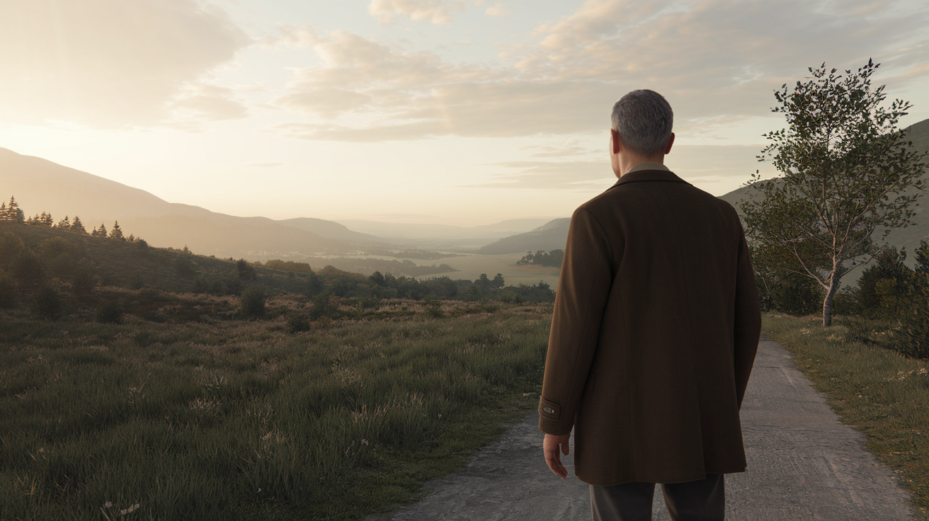 A man seen from behind on a quiet hillside path at dawn, looking out over a valley