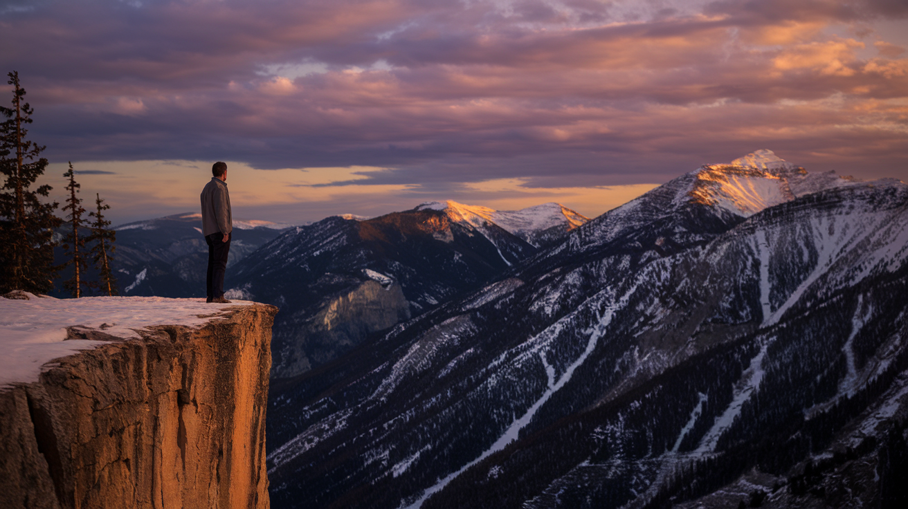 A man standing on a cliff edge at golden hour, looking out over a mountain landscape, contemplative and purposeful