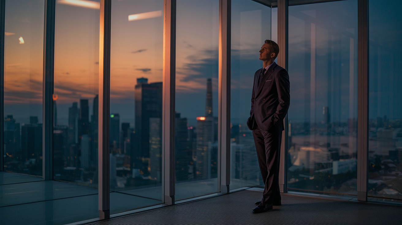 A man standing at the window of a modern office at dusk, looking out across a city skyline, quiet and still