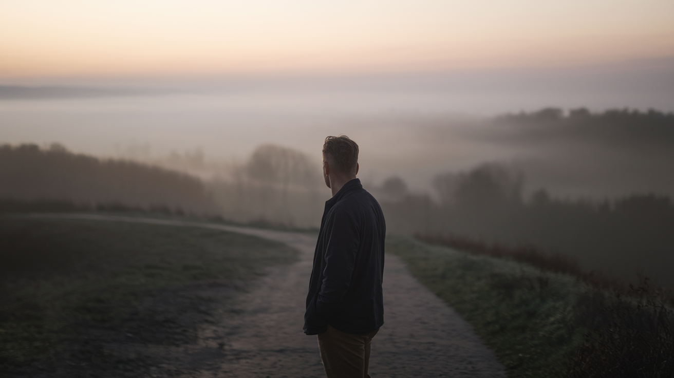 A man standing alone looking out over a quiet landscape at dawn