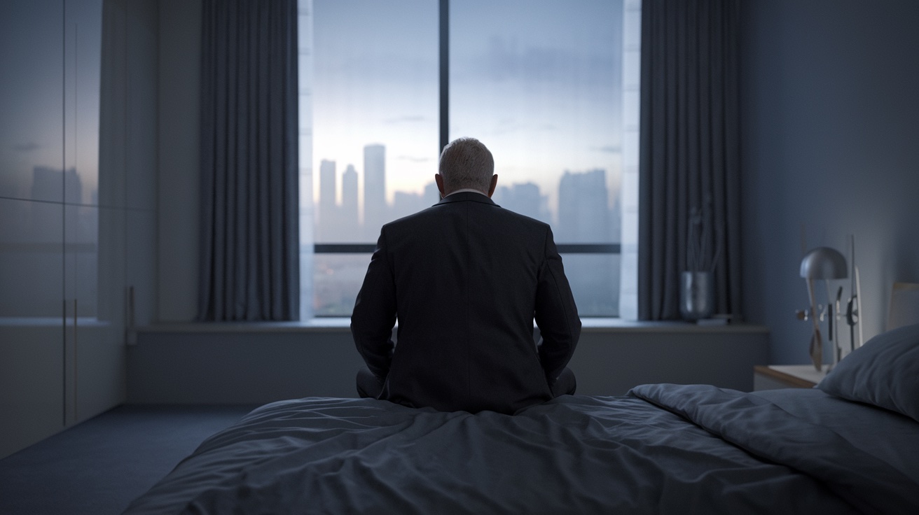 A man in a dark jacket sitting on the edge of his bed at dawn, looking out at a city skyline