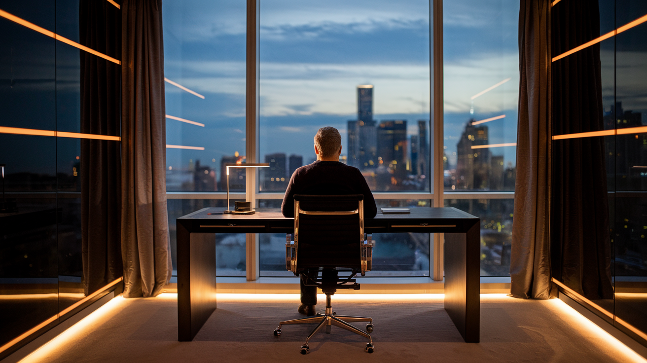 A man in his forties contemplating meaning after success at a city-view desk